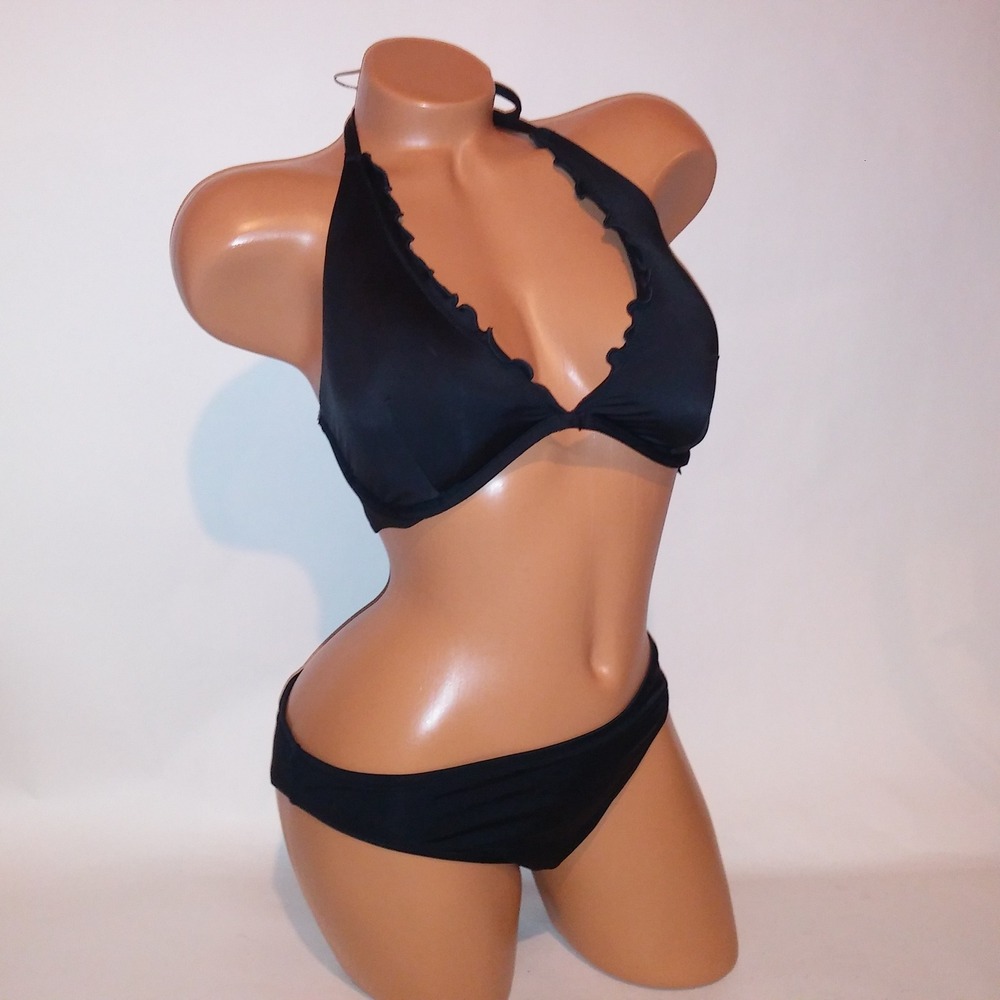 Victoria Secret Swim Bikini 34DD Top Large Bottom Padded Black Solid Scallop New